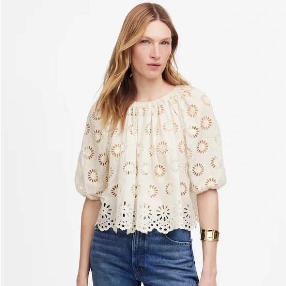 Madewell Embroidered Shirred Puff-Sleeve Top XS